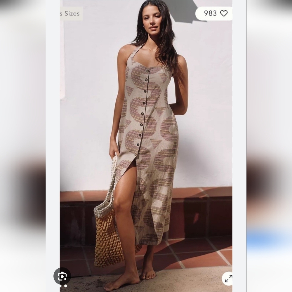 Celandine By Anthropologie Linen Halter Maxi Button Down Dress